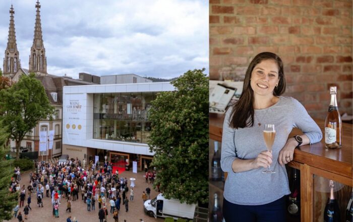 Links: Lebendiges Verkostungstreiben vor dem Festspielhaus Baden-Baden während des Falstaff Wine and Gourmet Festivals 2025 – Cap Classique aus Südafrika ist Teil des internationalen Schaumweinprogramms. Rechts: Megan Mullis von Domaine des Deux präsentiert ihren Cap Classique – authentisch, elegant und persönlich – als Teil der südafrikanischen Delegation beim Festival.